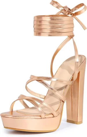 Perphy Platform Heels Block Strappy Heel Lace Up Heel Sandals for Women
