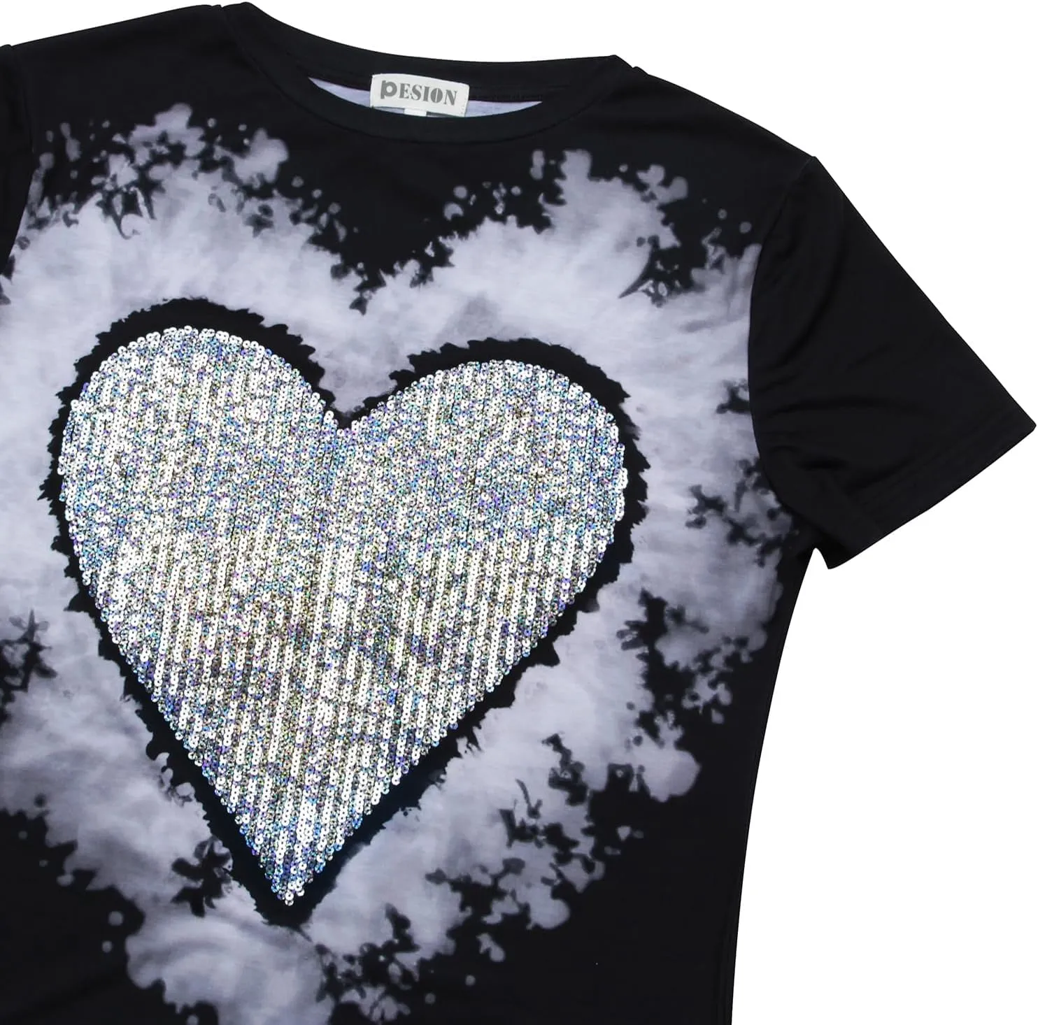PESION Womens Short Sleeve T-Shirt Sequined Tops O-Neck Funny Graphic Tees Blouse