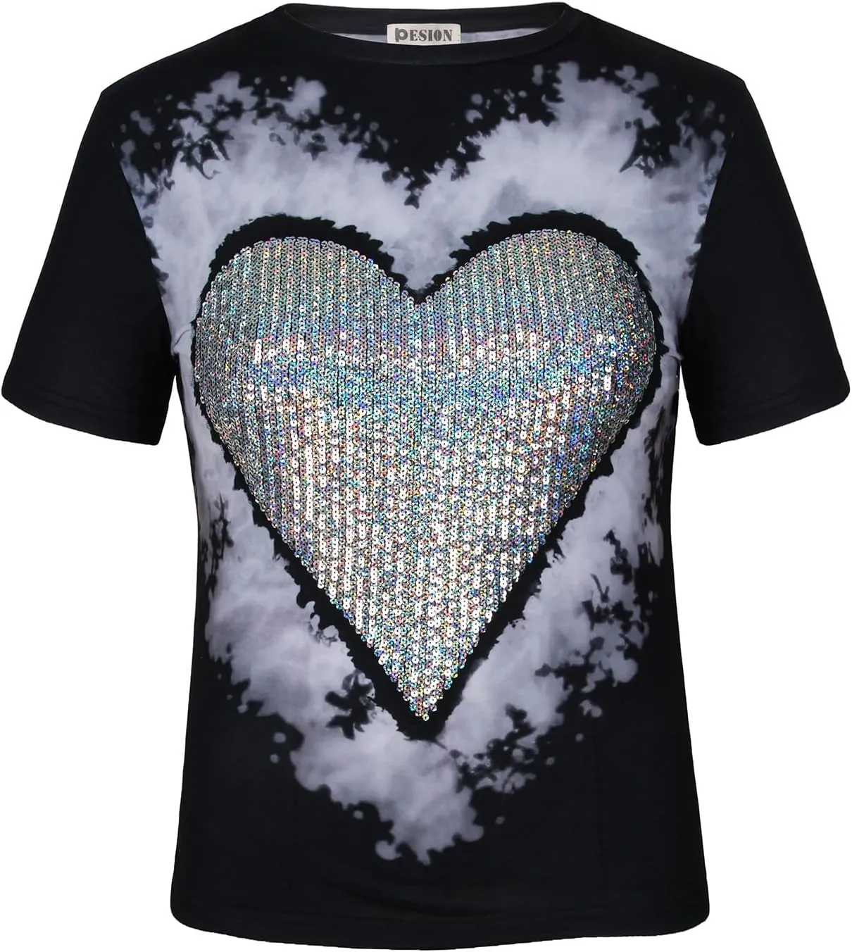 PESION Womens Short Sleeve T-Shirt Sequined Tops O-Neck Funny Graphic Tees Blouse