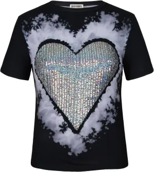 PESION Womens Short Sleeve T-Shirt Sequined Tops O-Neck Funny Graphic Tees Blouse