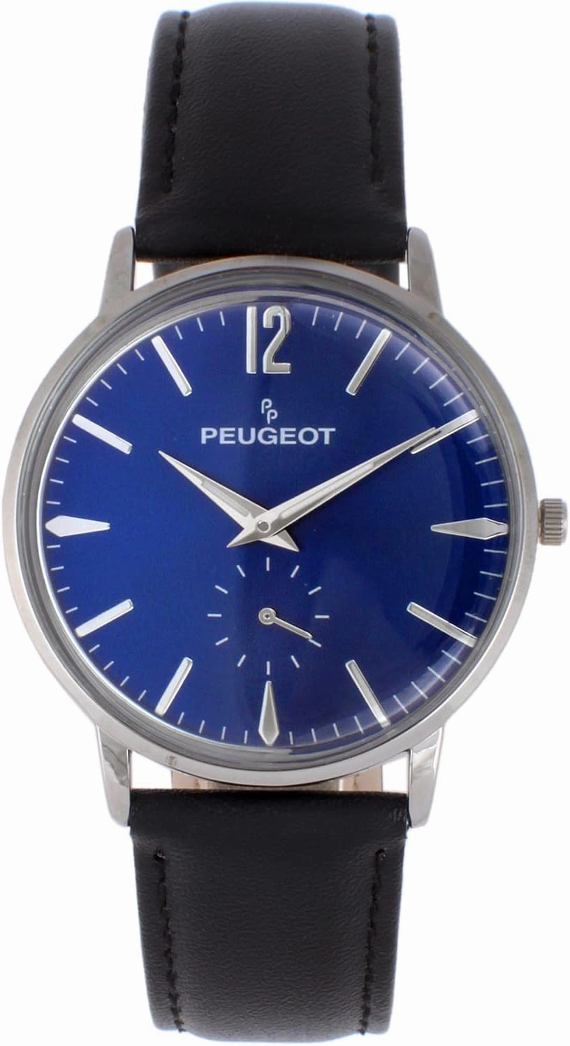 Peugeot Men's Vintage Business Watch - Retro Style, Analog Movement with Remote Sweep Second Hand and Black Leather Strap