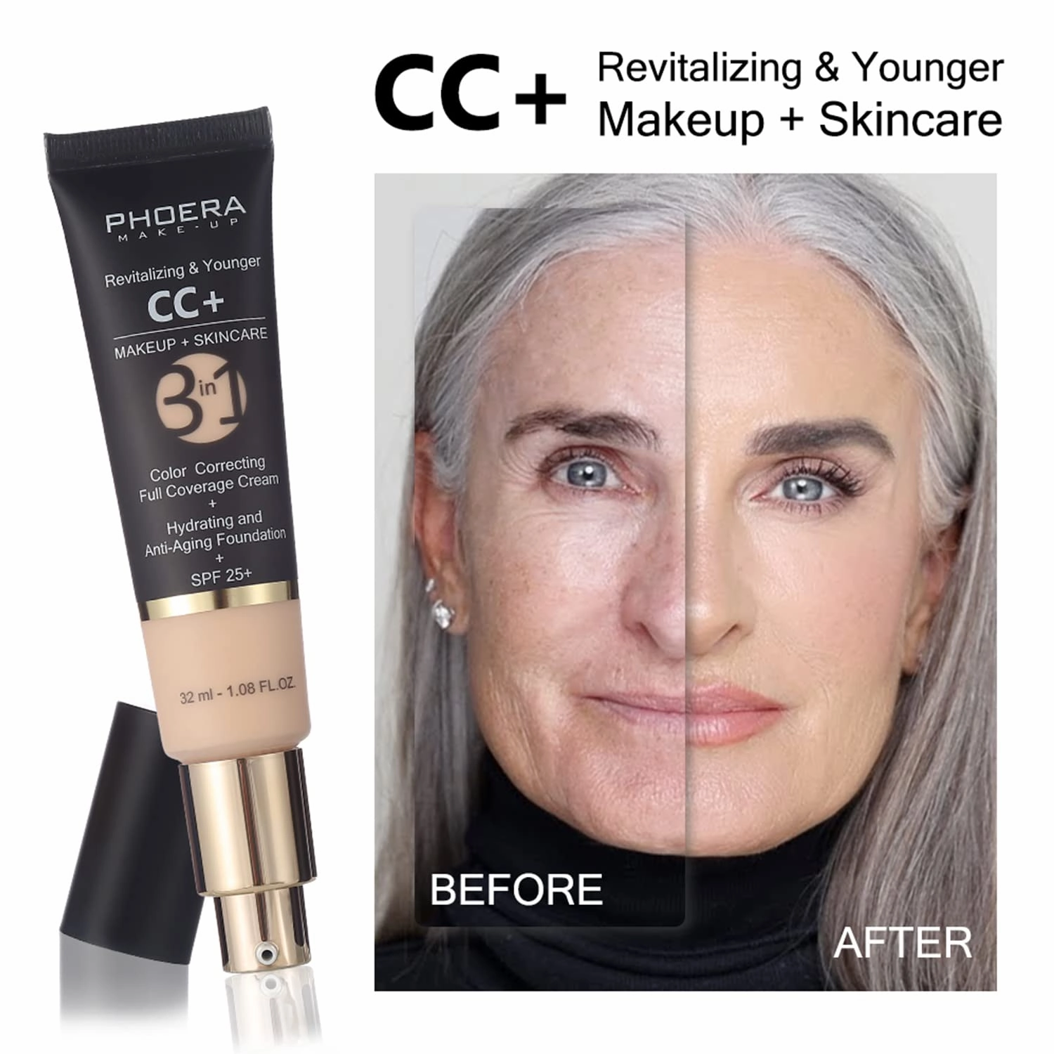 PHOERA CC Cream Foundation With SPF,PHOERA Full Coverage Foundation Color Correcting Cream,Anti Aging Hydrating Serum & SPF 25  Sunscreen Natural Finish1.08 floz (2PCS 140 Buff Beige)