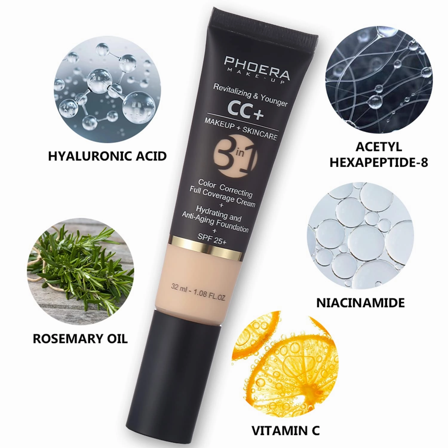 PHOERA CC Cream Foundation With SPF,PHOERA Full Coverage Foundation Color Correcting Cream,Anti Aging Hydrating Serum & SPF 25  Sunscreen Natural Finish1.08 floz (2PCS 140 Buff Beige)