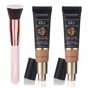 PHOERA CC Cream Foundation With SPF,PHOERA Full Coverage Foundation Color Correcting Cream,Anti Aging Hydrating Serum & SPF 25  Sunscreen Natural Finish1.08 floz (2PCS 140 Buff Beige)