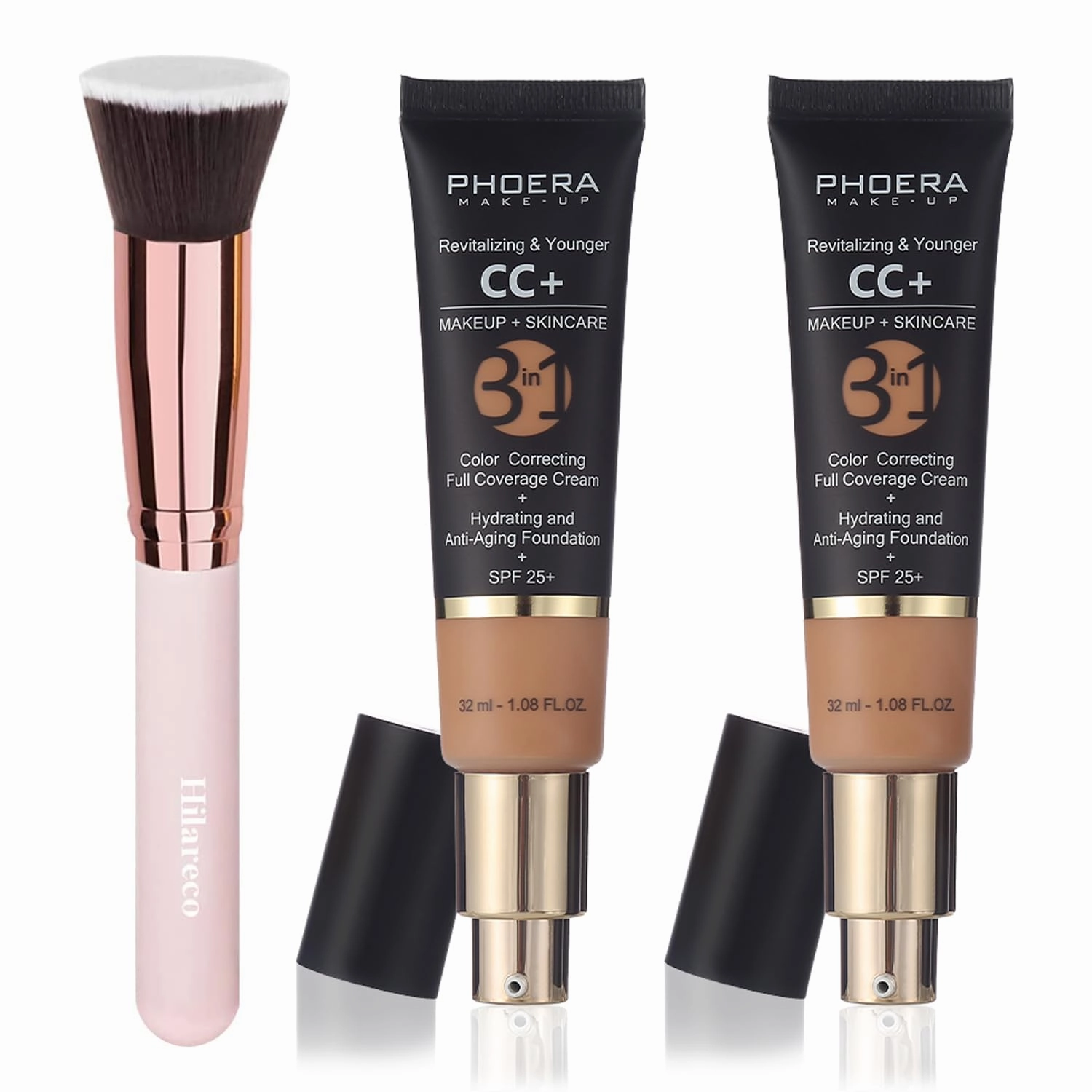 PHOERA CC Cream Foundation With SPF,PHOERA Full Coverage Foundation Color Correcting Cream,Anti Aging Hydrating Serum & SPF 25  Sunscreen Natural Finish1.08 floz (2PCS 140 Buff Beige)
