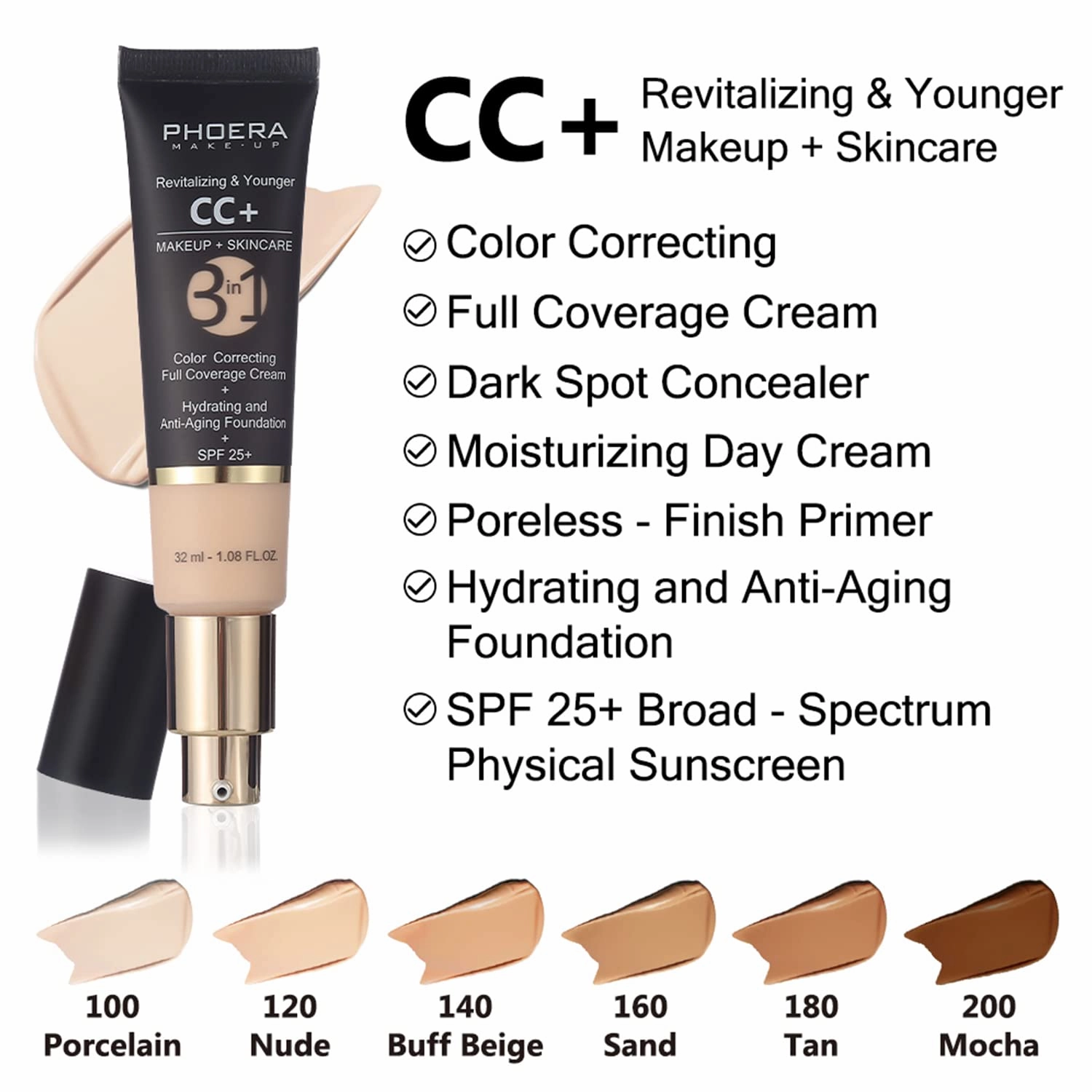 PHOERA CC Cream Foundation With SPF,PHOERA Full Coverage Foundation Color Correcting Cream,Anti Aging Hydrating Serum & SPF 25  Sunscreen Natural Finish1.08 floz (2PCS 140 Buff Beige)