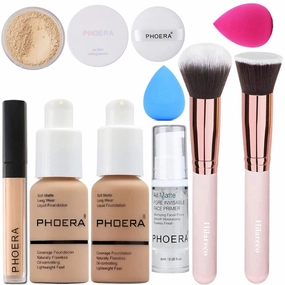 PHOERA Foundation,Full Coverage Foundation,PHOERA Primer,PHOERA Powder,PHOERA Concealer PHOERA Makeup Set, Kabuki Makeup Brushes Foundation Brush Powder,2 Makeup Sponge (104 Buff Beige   105 Sand）