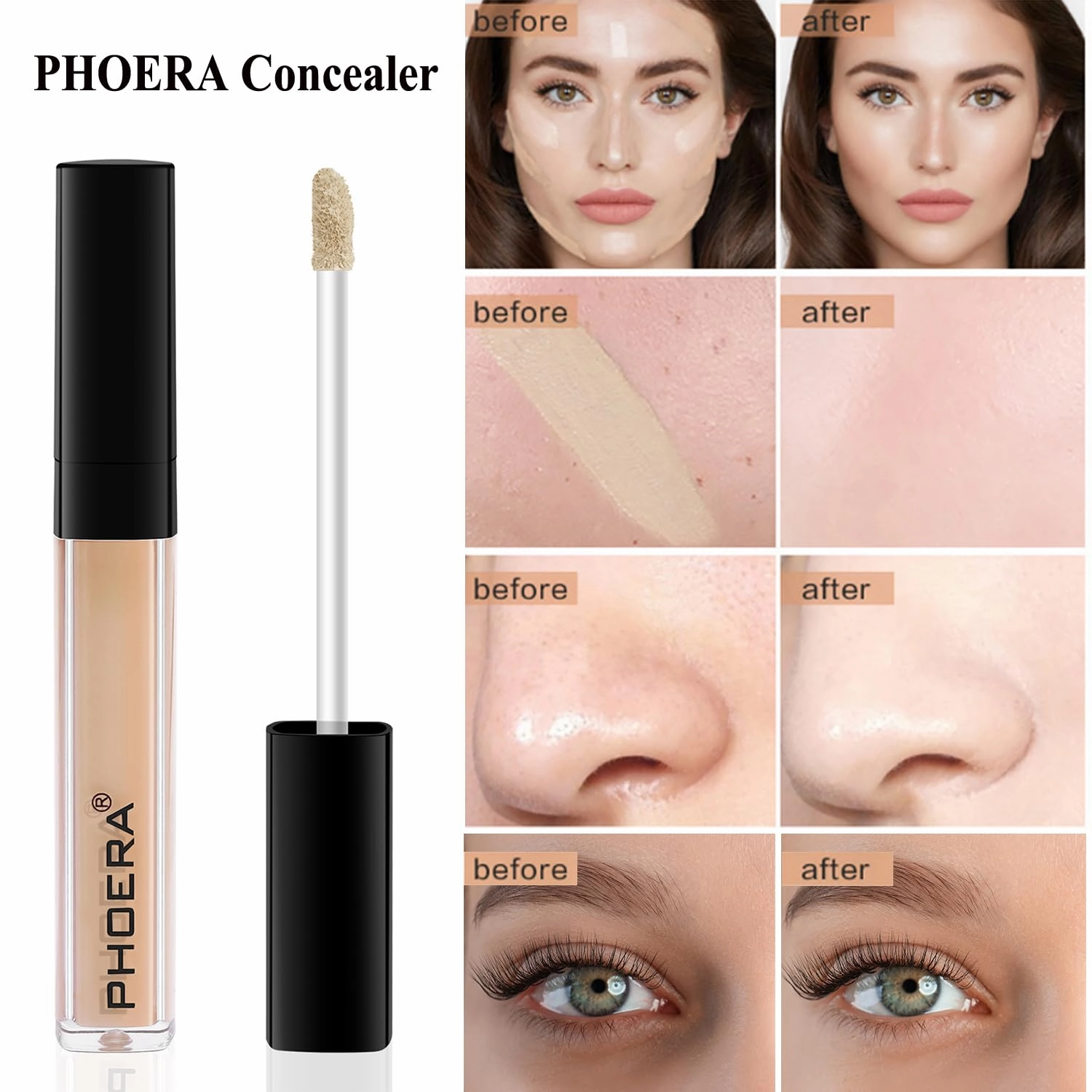 PHOERA Foundation,Full Coverage Foundation,PHOERA Primer,PHOERA Powder,PHOERA Concealer PHOERA Makeup Set, Kabuki Makeup Brushes Foundation Brush Powder,2 Makeup Sponge (104 Buff Beige   105 Sand）