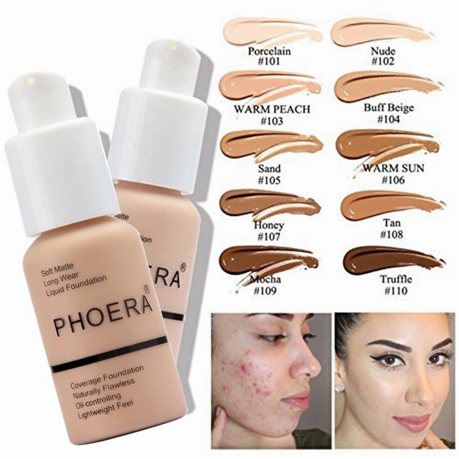 PHOERA Mushroom Head Air Cushion CC Cream Natural Foundation, Concealer, Primer, Powder, Kabuki Makeup Brushes (101 Porcelain 01 Ivory)