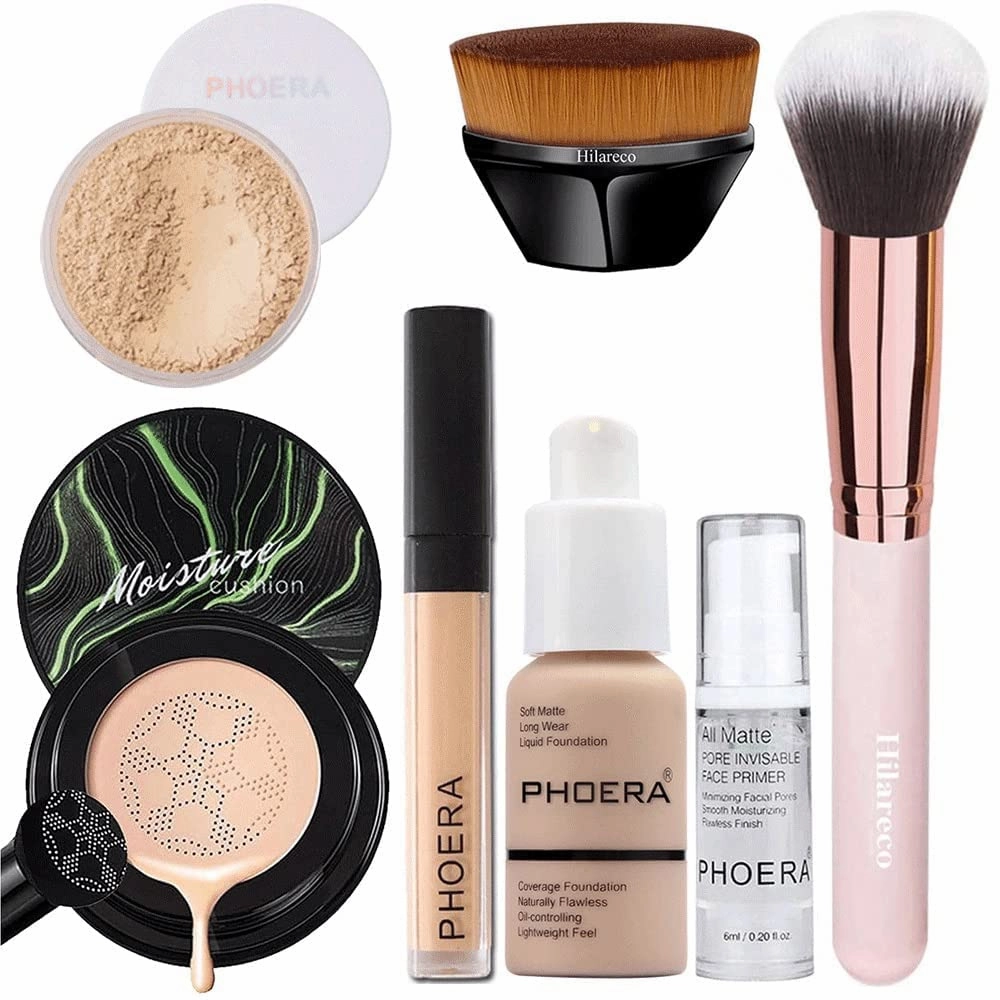 PHOERA Mushroom Head Air Cushion CC Cream Natural Foundation, Concealer, Primer, Powder, Kabuki Makeup Brushes (101 Porcelain 01 Ivory)