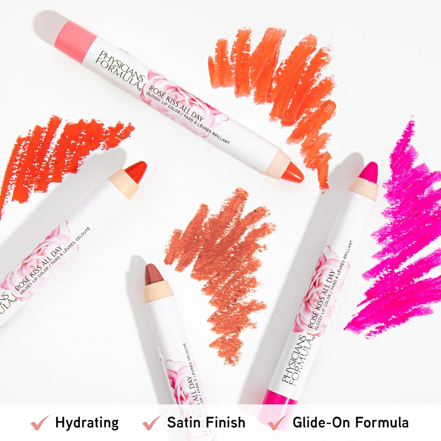 Physicians Formula Rosé Kiss All Day Glossy Lipstick Lip Color Makeup, Red Blush Blushing Mauve, Dermatologist Approved, Rose Water, Antioxidant-Rich, Vitamin C, Non-drying (Pack of 2)
