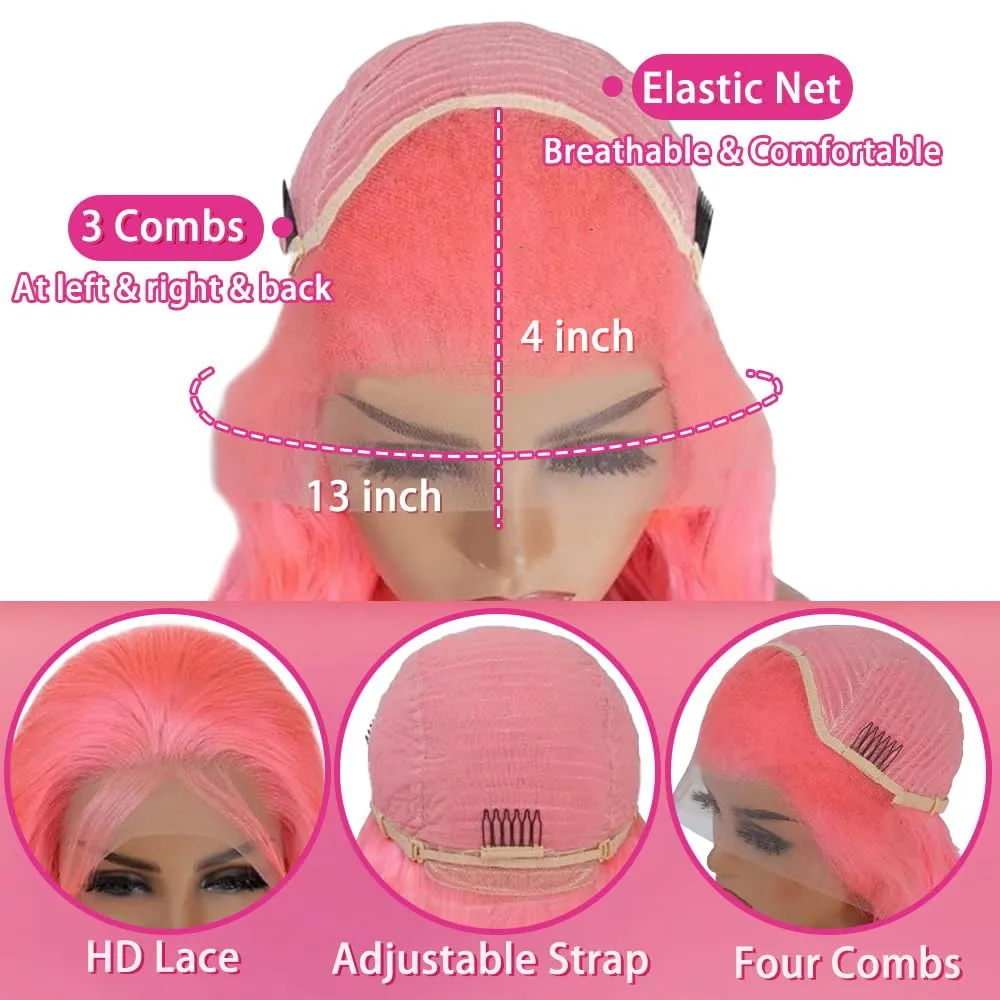 Pink Lace Front Wig Human Hair 13x4 Hd Lace Pink Body Wave Lace Front Wig Human Hair with Baby Hair Colored Wig Human Hair Pre Plucked 180% Density 22 Inch