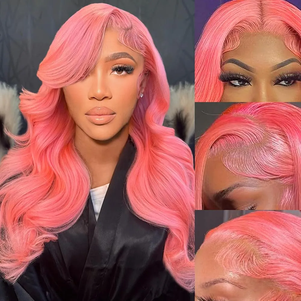 Pink Lace Front Wig Human Hair 13x4 Hd Lace Pink Body Wave Lace Front Wig Human Hair with Baby Hair Colored Wig Human Hair Pre Plucked 180% Density 22 Inch