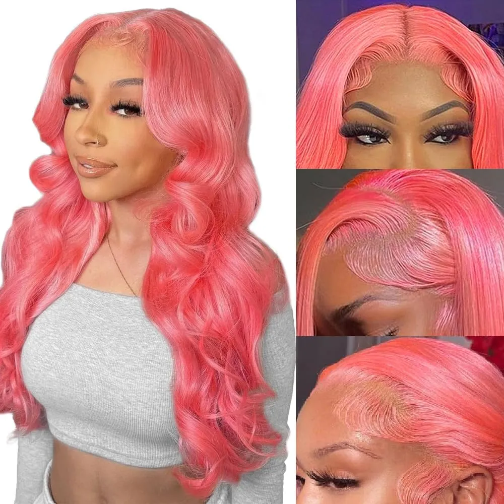 Pink Lace Front Wig Human Hair 13x4 Hd Lace Pink Body Wave Lace Front Wig Human Hair with Baby Hair Colored Wig Human Hair Pre Plucked 180% Density 22 Inch