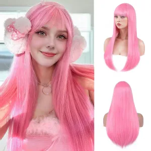 Pink Wig with Bangs for Women Long Light Pink Straight Wig for Grils Heat Resistant Synthetic Colored wigs for Cosplay for Party Halloween Daily Use 24inch
