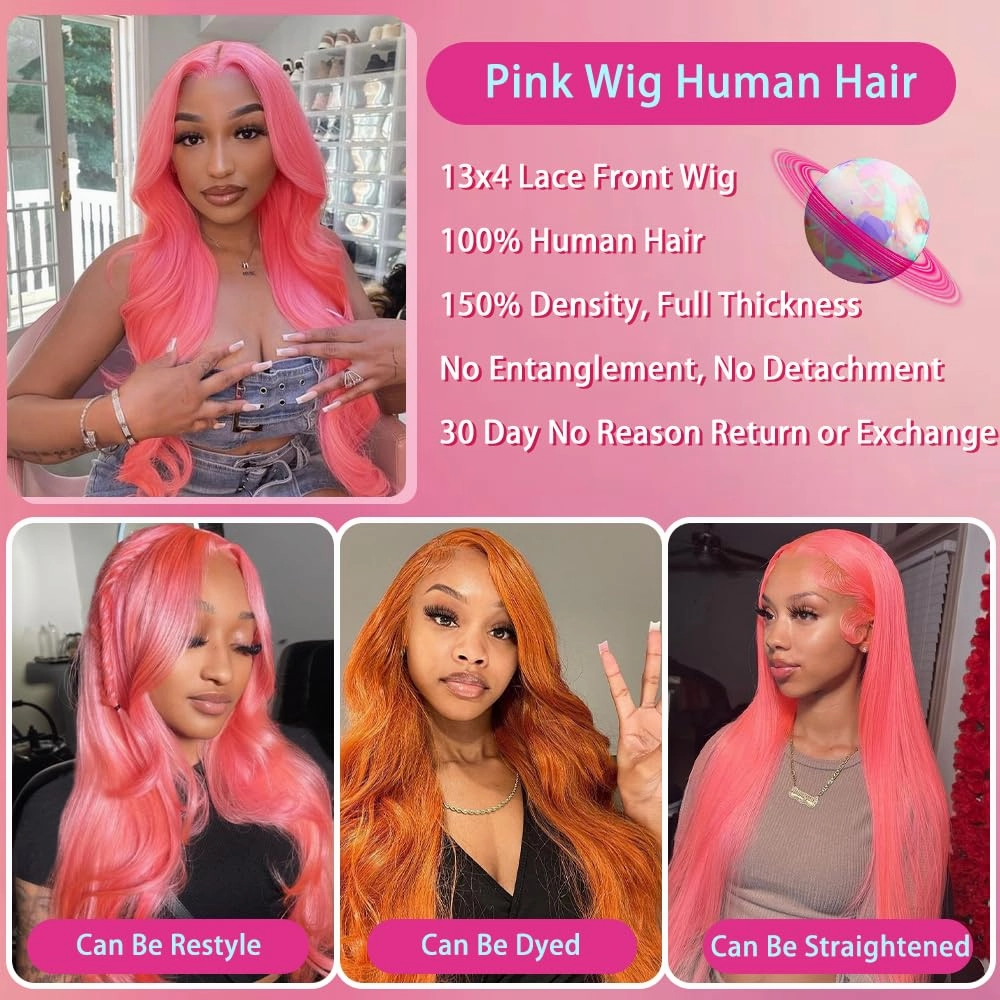 Pink Lace Front Wig Human Hair 13x4 Hd Lace Pink Body Wave Lace Front Wig Human Hair with Baby Hair Colored Wig Human Hair Pre Plucked 180% Density 26 Inch