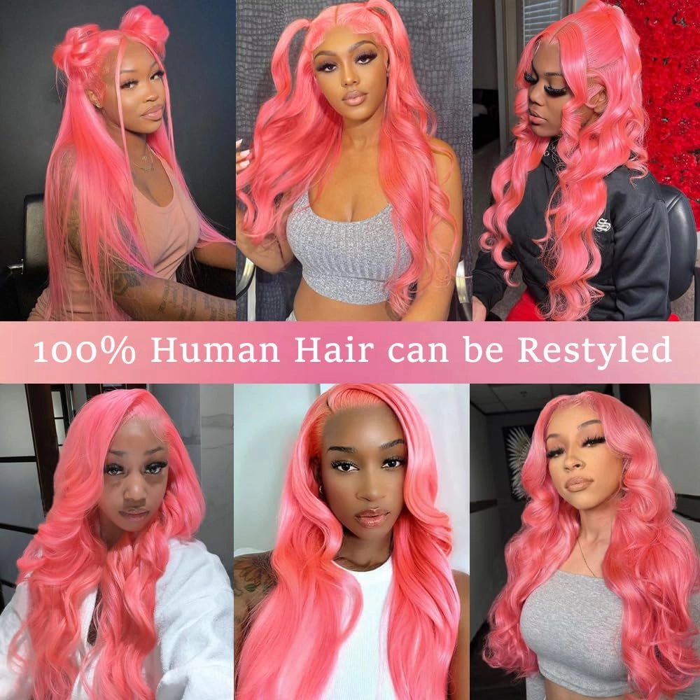 Pink Lace Front Wig Human Hair 13x4 Hd Lace Pink Body Wave Lace Front Wig Human Hair with Baby Hair Colored Wig Human Hair Pre Plucked 180% Density 26 Inch