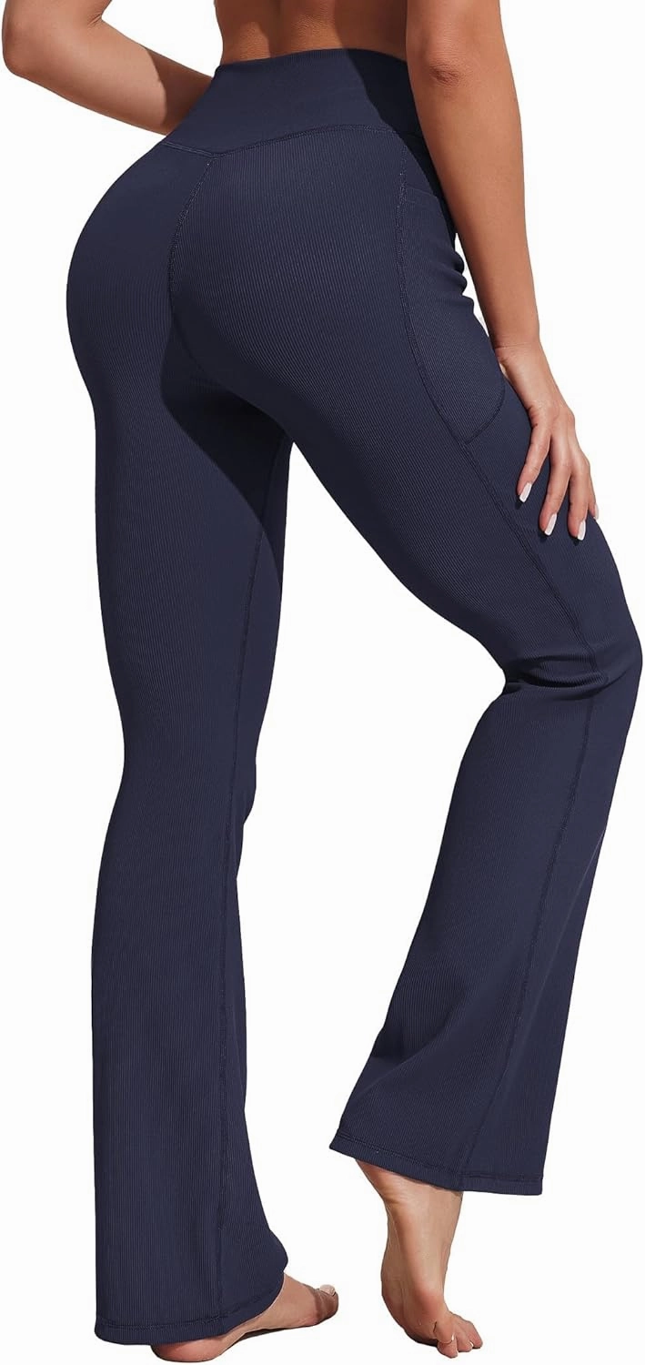 PINSPARK Womens Flare Yoga Pants Rib Bootcut Leggings High Waisted Elastic 29" Inseam Bottom Pants with 2 Pockets