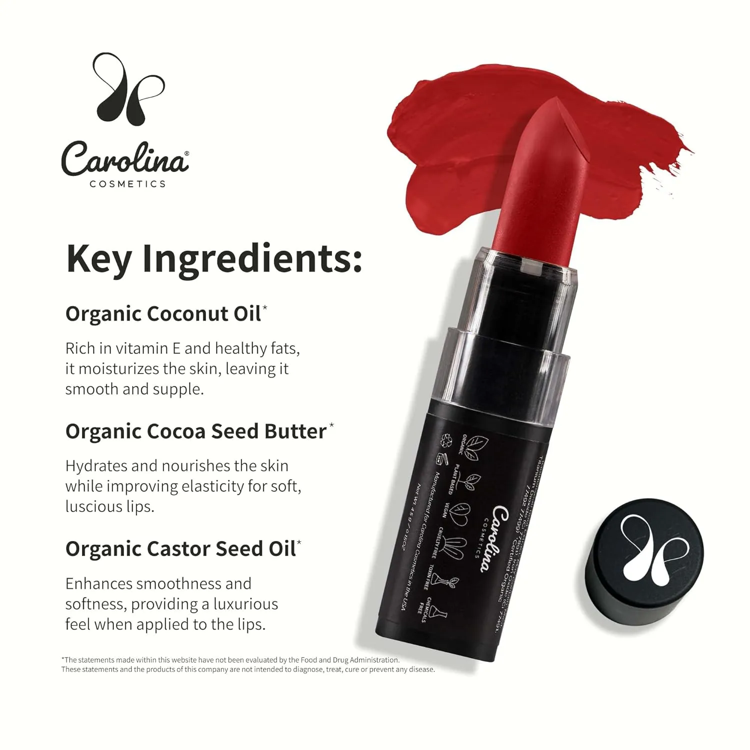 Plant-Based Moisturizing Lipstick - The Power of Red Shade 0.15oz- Hydrating with Cocoa Oil, Gluten-Free, Vegan, Non-GMO, Paraben-Free - Lightweight Cream Texture