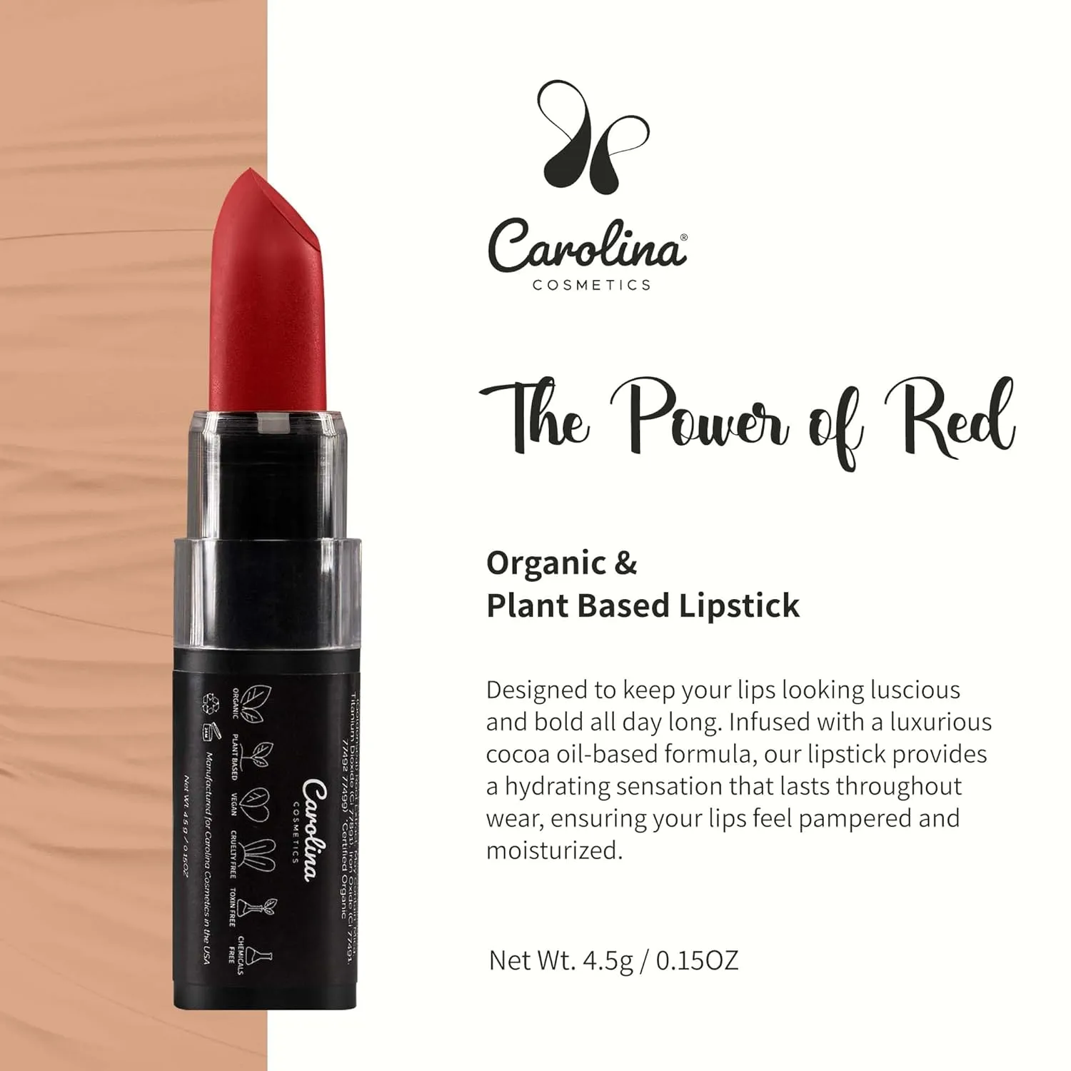 Plant-Based Moisturizing Lipstick - The Power of Red Shade 0.15oz- Hydrating with Cocoa Oil, Gluten-Free, Vegan, Non-GMO, Paraben-Free - Lightweight Cream Texture