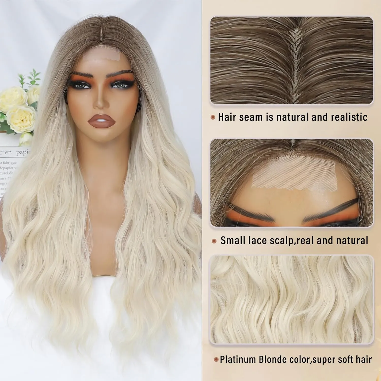 Platinum Blonde Wig for Women, Long Blonde Wavy Wig Middle Part 26 Inch Natural Looking Heat Resistant Synthetic Wigs for Daily Party Use