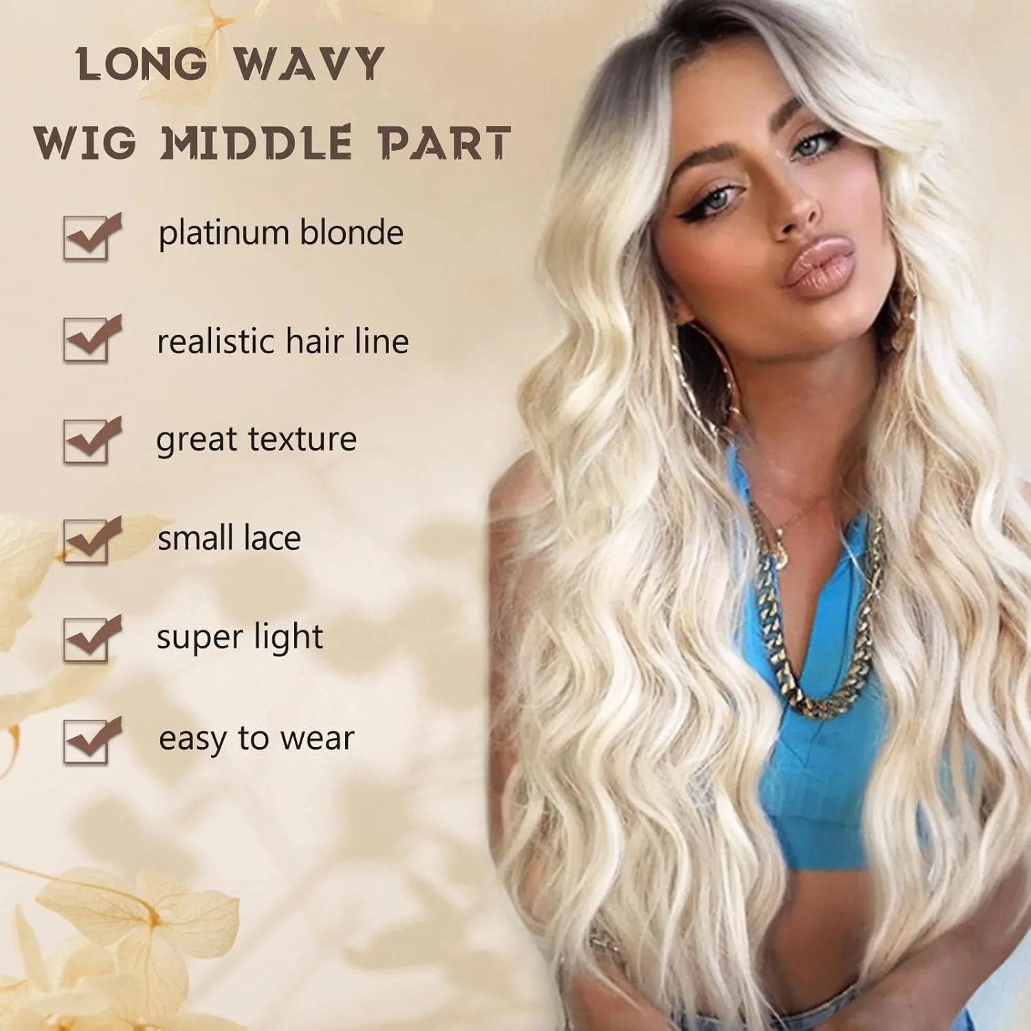 Platinum Blonde Wig for Women, Long Blonde Wavy Wig Middle Part 26 Inch Natural Looking Heat Resistant Synthetic Wigs for Daily Party Use