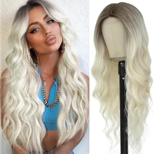 Platinum Blonde Wig for Women, Long Blonde Wavy Wig Middle Part 26 Inch Natural Looking Heat Resistant Synthetic Wigs for Daily Party Use