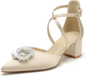 Pointed Toe Pearl Wedding Shoes for Bride White Low Heels Satin Bridal Shoes Cross Strappy Block Heels Comfortable Dresses Shoes Pumps for Women