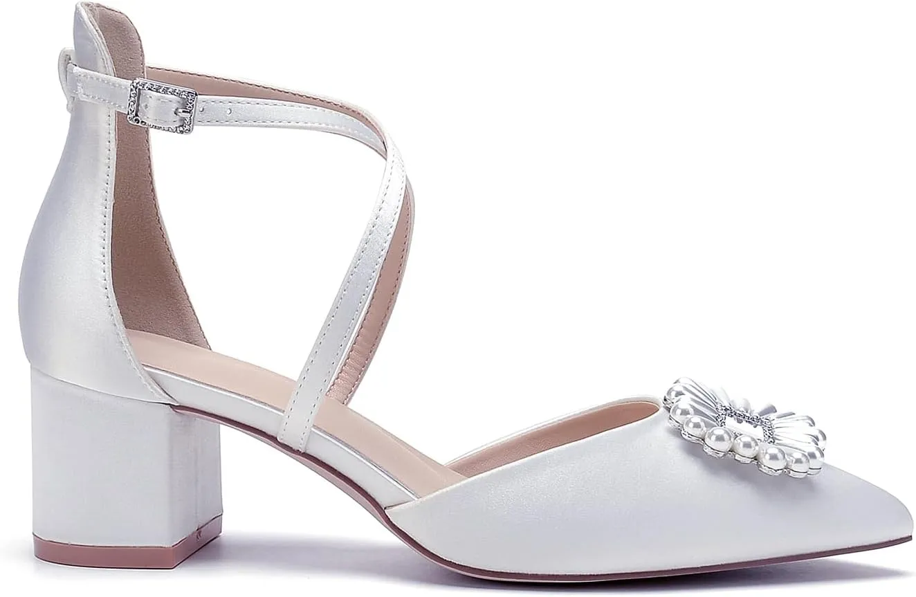 Pointed Toe Pearl Wedding Shoes for Bride White Low Heels Satin Bridal Shoes Cross Strappy Block Heels Comfortable Dresses Shoes Pumps for Women