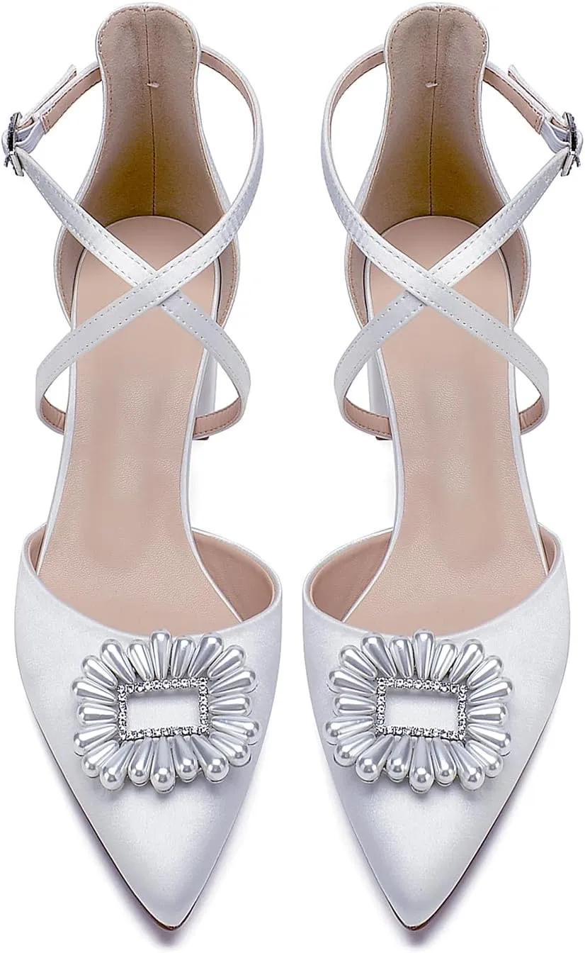 Pointed Toe Pearl Wedding Shoes for Bride White Low Heels Satin Bridal Shoes Cross Strappy Block Heels Comfortable Dresses Shoes Pumps for Women