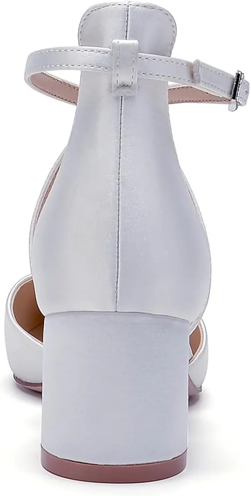 Pointed Toe Pearl Wedding Shoes for Bride White Low Heels Satin Bridal Shoes Cross Strappy Block Heels Comfortable Dresses Shoes Pumps for Women
