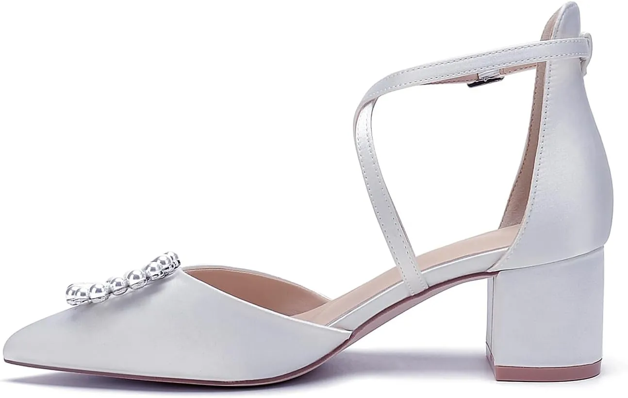 Pointed Toe Pearl Wedding Shoes for Bride White Low Heels Satin Bridal Shoes Cross Strappy Block Heels Comfortable Dresses Shoes Pumps for Women