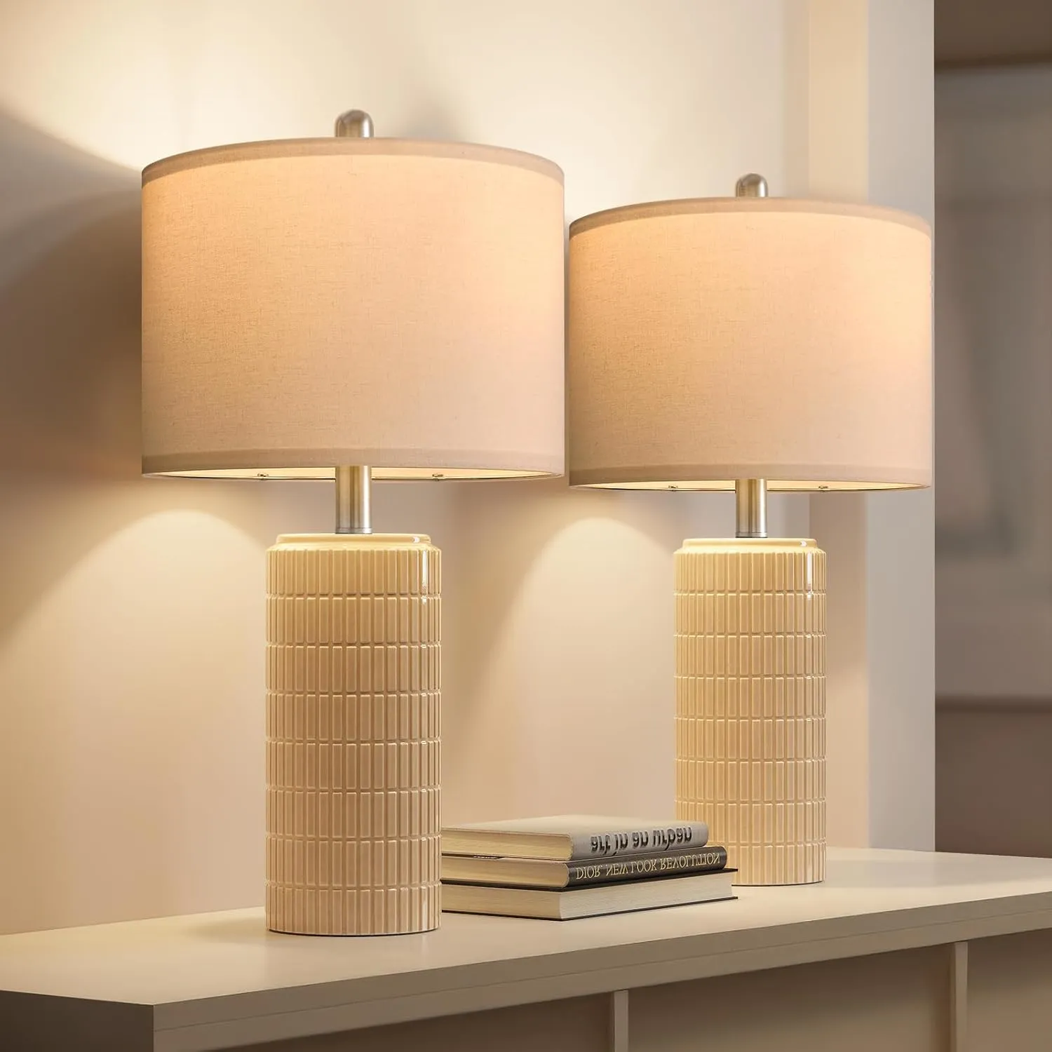 PoKat 23" Pink Ceramic Table Lamps Set of 2, Modern Bedroom Lamps for Girls Room, Bedside Lamps for Night Stands, Cute Lamps for Living Room Decor, Nightstands Desk Lamp, Pink