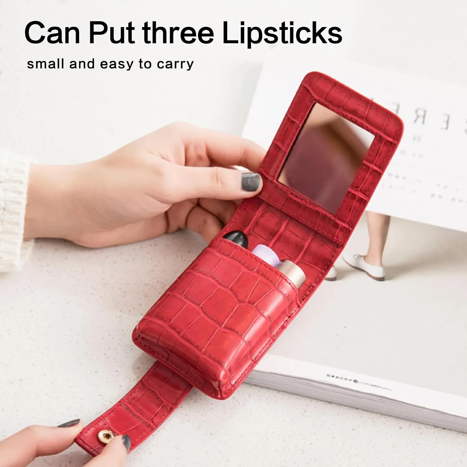 PORRASSO Lipstick Case Portable Mini Cosmetic Bag Women Lipstick Lip Gloss Bag with Mirror Travel Lipstick Holder for Storeing Lipstick Lip Glaze Powder Red