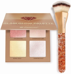 Powder Highlighter Palette with Heart Kabuki Foundation Brush (Gold)