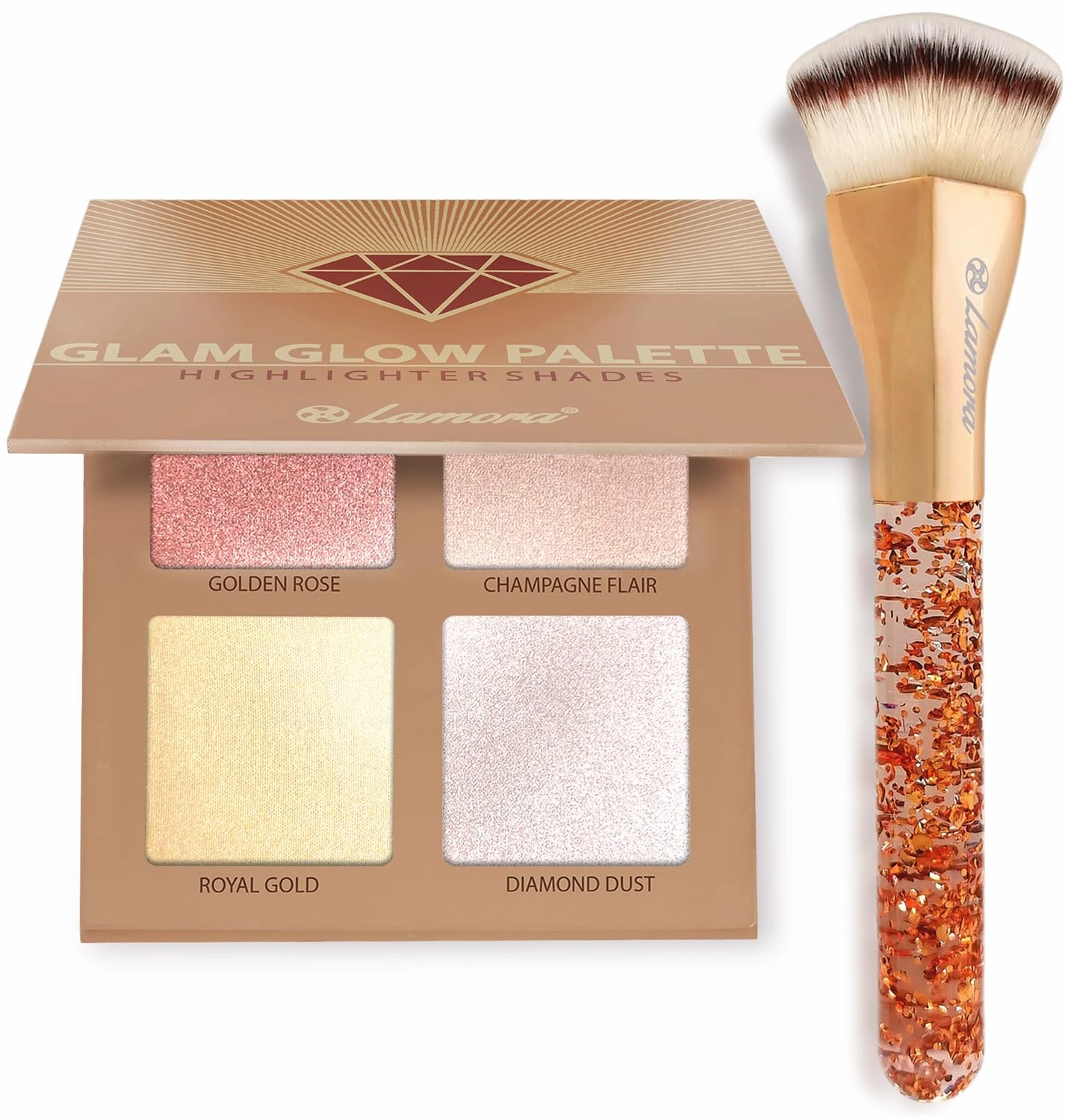 Powder Highlighter Palette with Heart Kabuki Foundation Brush (Gold)