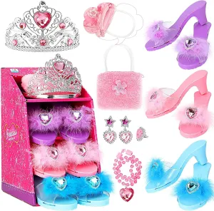Princess Toddler Dress Up Set - 3 Pairs of Shoes, Tiara, Earrings, Necklaces, Ring for Pretend Play - Role Play Jewelry Toys for Little Girls Aged 3-6 Years Old