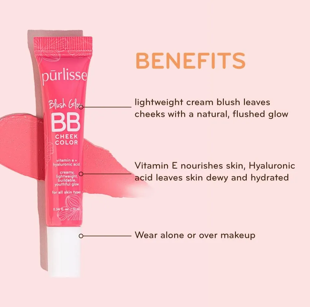 pürlisse Blush Glow BB Cheek Color - Dewy Liquid Blush for Cheeks - Enriched with Vitamin E & Hyaluronic Acid - Creamy, Lightweight & Buildable - Hydrating & Nourishing - Petal Pink (0.34 Fl oz)