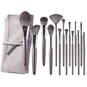 Pro 14 Piece Essential Professional Makeup Brush Set - Kabuki Foundation Blending Brush with Coffee Grey Makeup Brush Travel Case