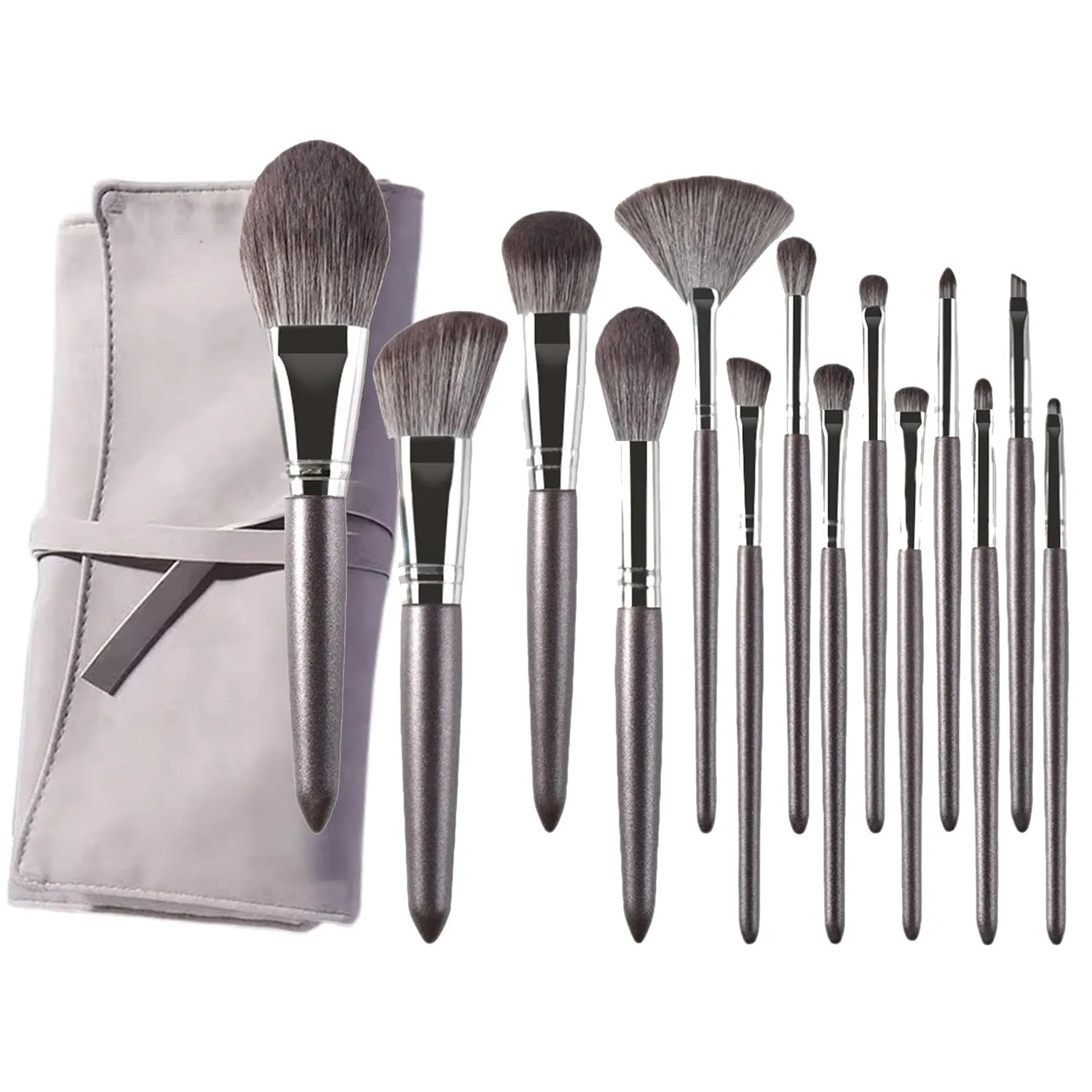 Pro 14 Piece Essential Professional Makeup Brush Set - Kabuki Foundation Blending Brush with Coffee Grey Makeup Brush Travel Case