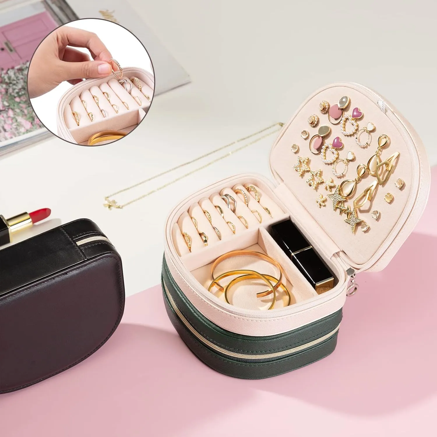 ProCase Travel Size Jewelry Box, Small Portable Seashell-Shaped Jewelry Case, 2 Layer Mini Jewelry Organizer in PU Leather for Women -Champagne