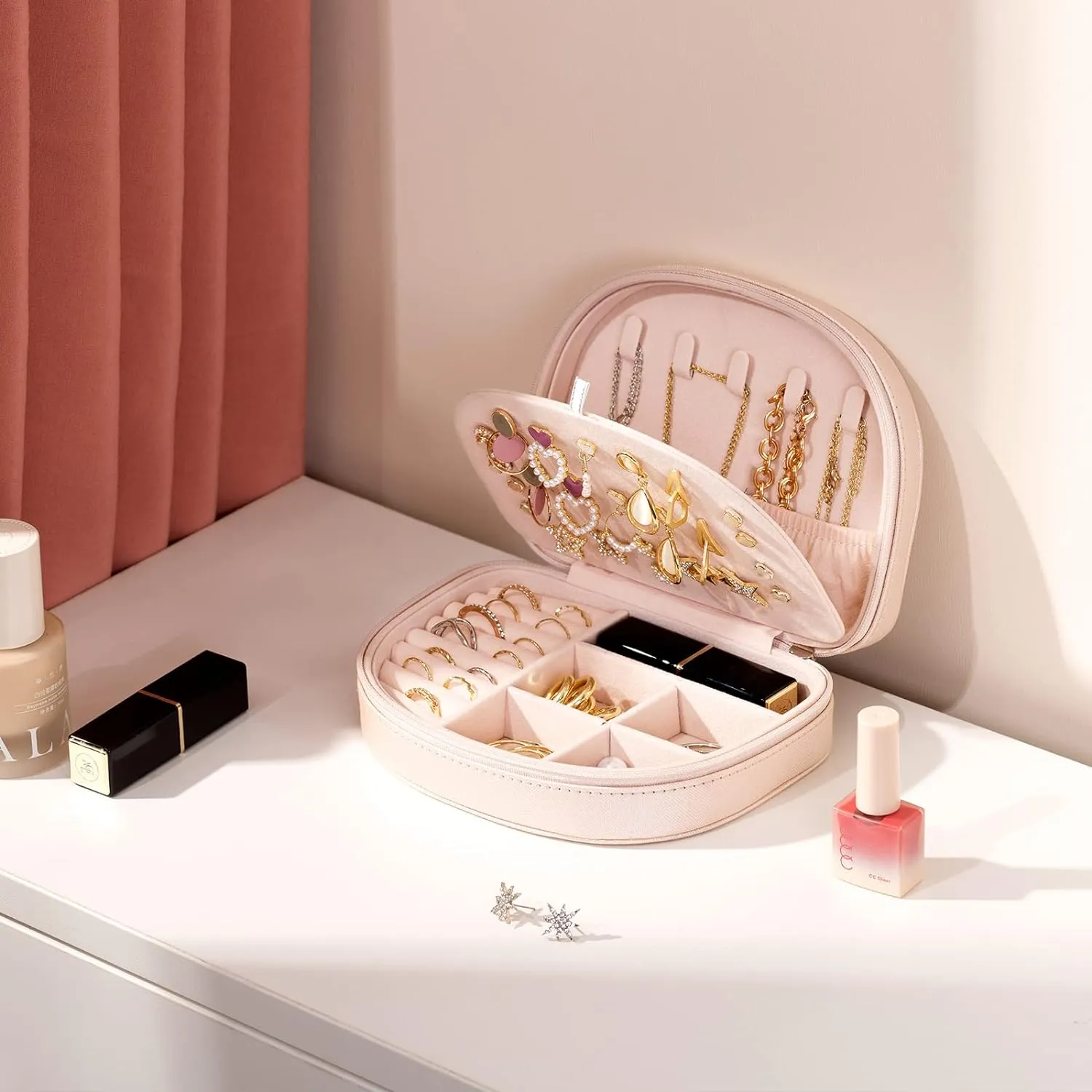ProCase Travel Size Jewelry Box, Small Portable Seashell-Shaped Jewelry Case, 2 Layer Mini Jewelry Organizer in PU Leather for Women -Champagne