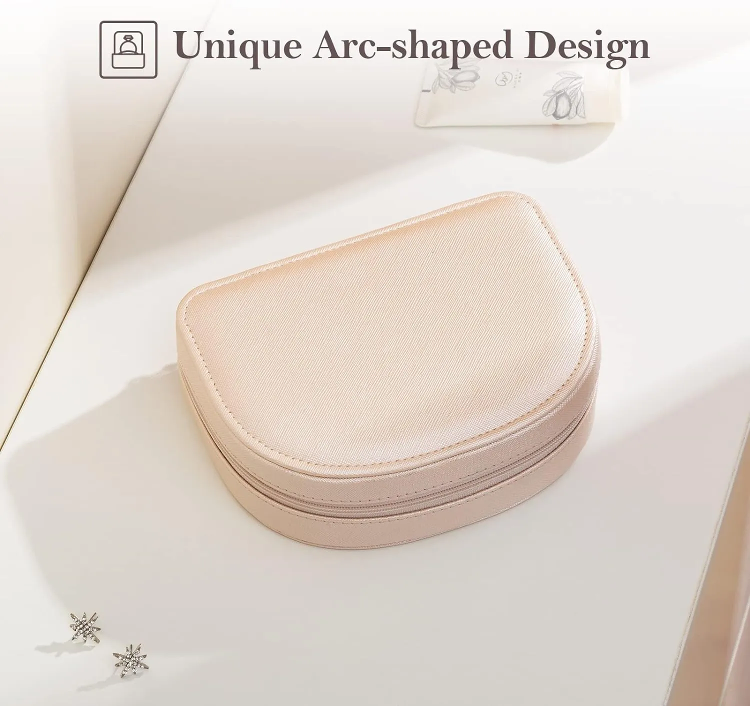 ProCase Travel Size Jewelry Box, Small Portable Seashell-Shaped Jewelry Case, 2 Layer Mini Jewelry Organizer in PU Leather for Women -Champagne