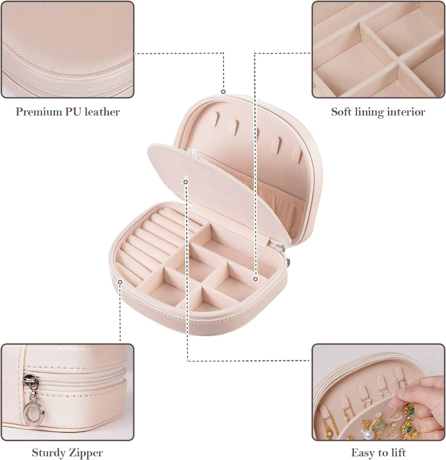 ProCase Travel Size Jewelry Box, Small Portable Seashell-Shaped Jewelry Case, 2 Layer Mini Jewelry Organizer in PU Leather for Women -Champagne