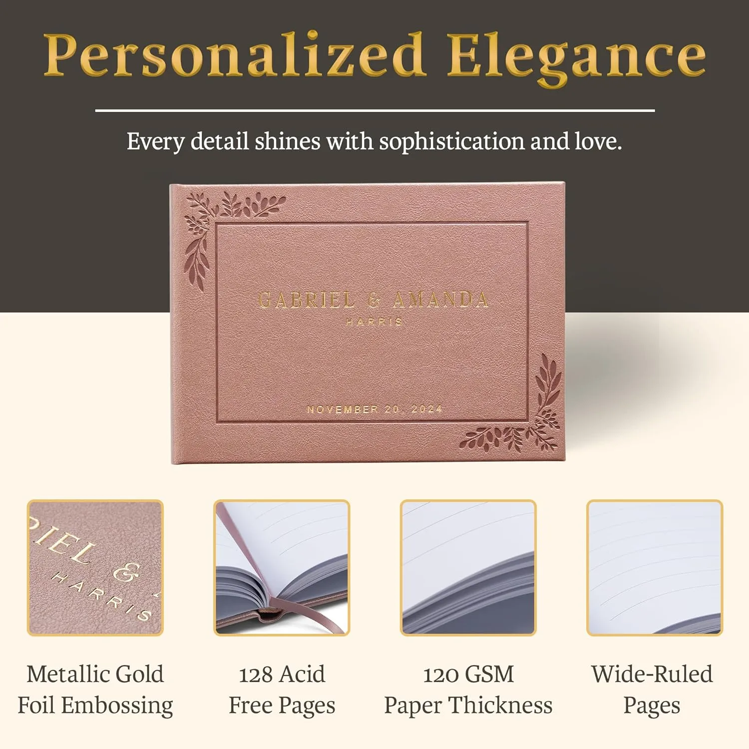 Promot Personalized Wedding Guest Book - Elegant Hardcover Guestbook for Wedding Reception, Bridal and Baby Shower, Birthday, Wedding Books Guests to Sign, Custom Embossed Text with Gold Metallic Foil