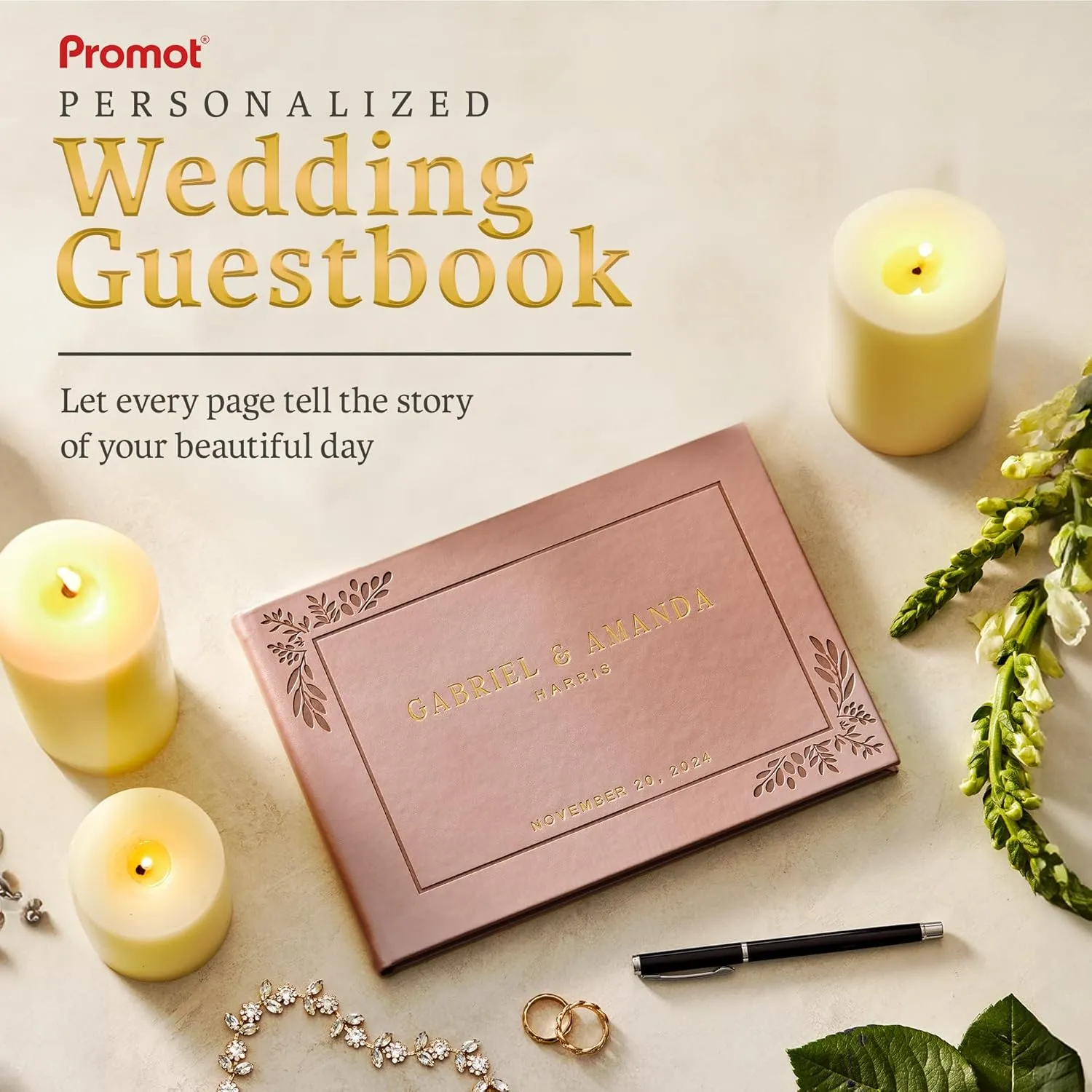 Promot Personalized Wedding Guest Book - Elegant Hardcover Guestbook for Wedding Reception, Bridal and Baby Shower, Birthday, Wedding Books Guests to Sign, Custom Embossed Text with Gold Metallic Foil