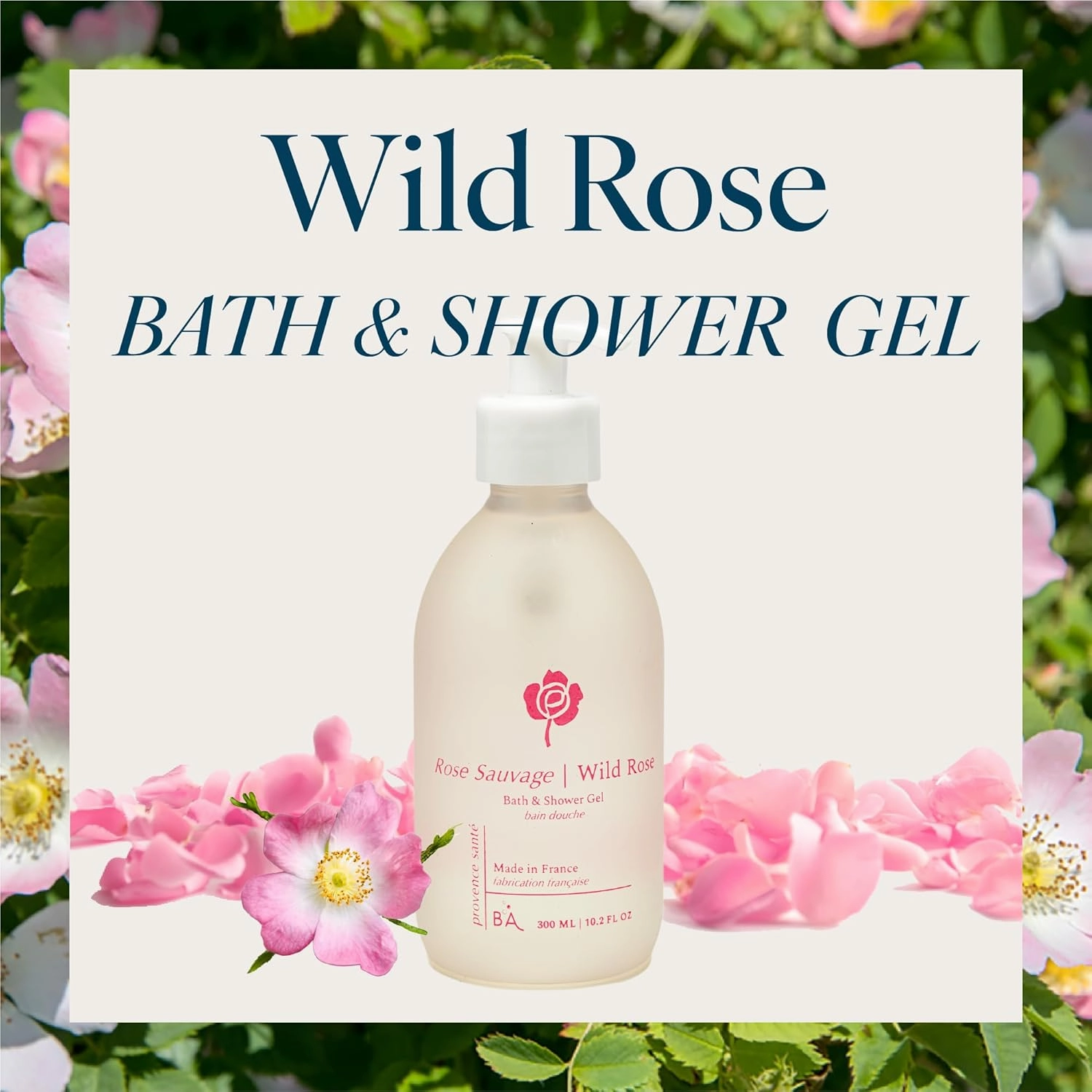 Provence Sante Cleansing Bath & Shower Gel - Moisturizing Almond Oil Body Wash for Dry Skin - Nourishing Floral Wild Rose Scent - Made in France - 10.2 Oz