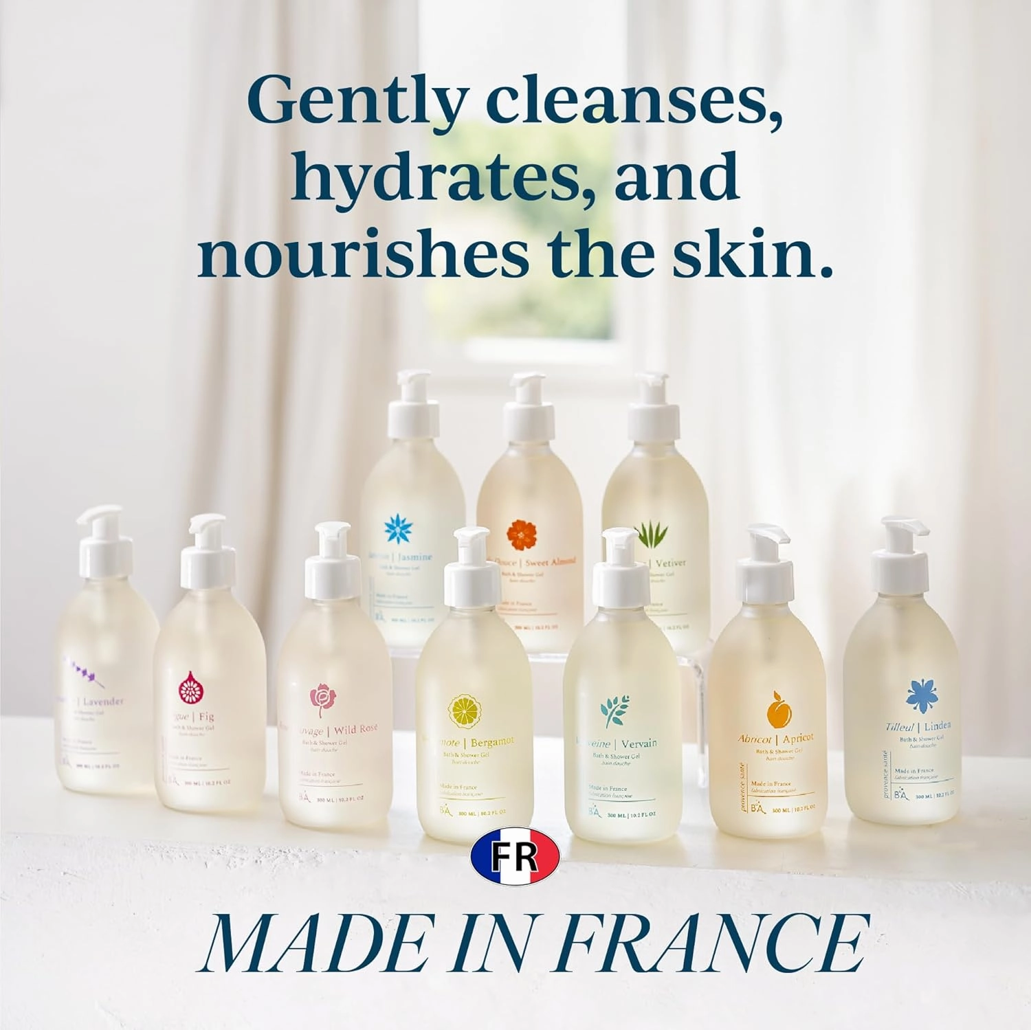 Provence Sante Cleansing Bath & Shower Gel - Moisturizing Almond Oil Body Wash for Dry Skin - Nourishing Floral Wild Rose Scent - Made in France - 10.2 Oz