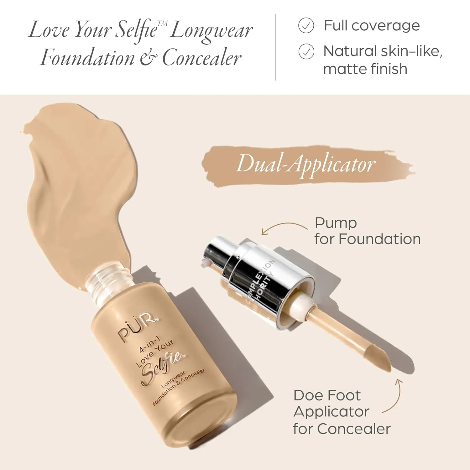 PUR Beauty 4-in-1 Love Your Selfie Foundation & Concealer - Longwear Full Coverage Liquid Makeup Foundation with Hydrating Blend for Refined-Looking, Natural Beauty Glow, Skin Texture & Tone