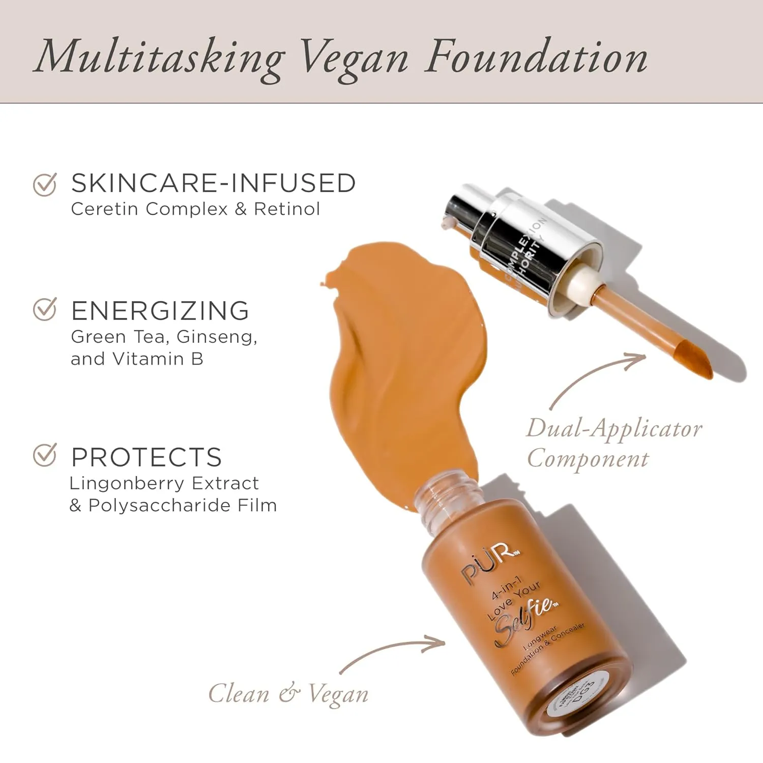 PUR Beauty 4-in-1 Love Your Selfie Foundation & Concealer - Longwear Full Coverage Liquid Makeup Foundation with Hydrating Blend for Refined-Looking, Natural Beauty Glow, Skin Texture & Tone